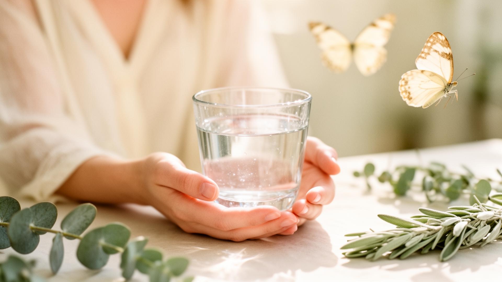 Hands holding a glass of pure water with sage and butterflies